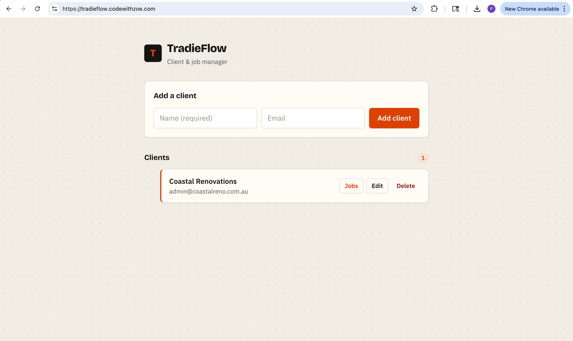 Demo of TradieFlow creating a client, a job, and an invoice with live GST totals.
